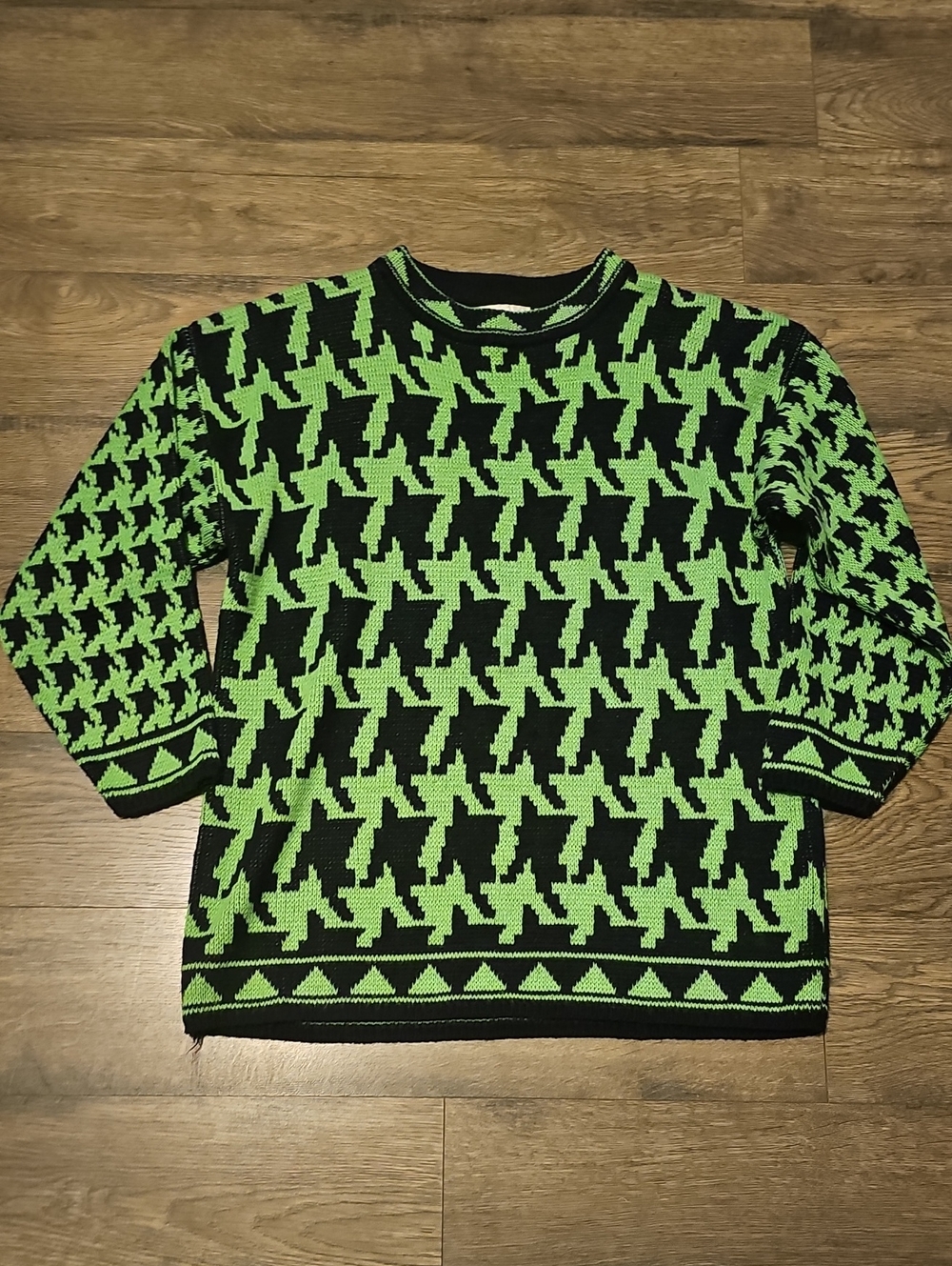 80s Sweater Black Neon Green Houndstooth Crewneck Venezia Size 18 20